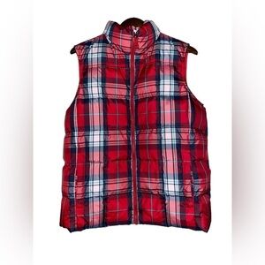 Lands' End Down Puffer‎ Red Plaid Vest Women L Hiking Walking Trails Gorpcore